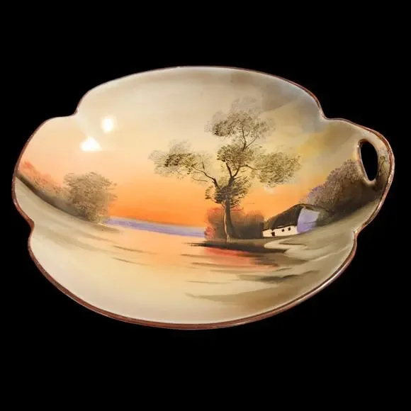 Noritake Hand Painted Sunset Landscape Serving Bowls Japan Pair - Picture 3 of 5